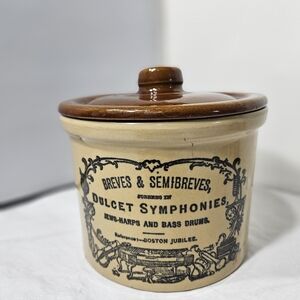 Vintage Advertising Musical Music Lidded  Stoneware Pottery Butter Crock